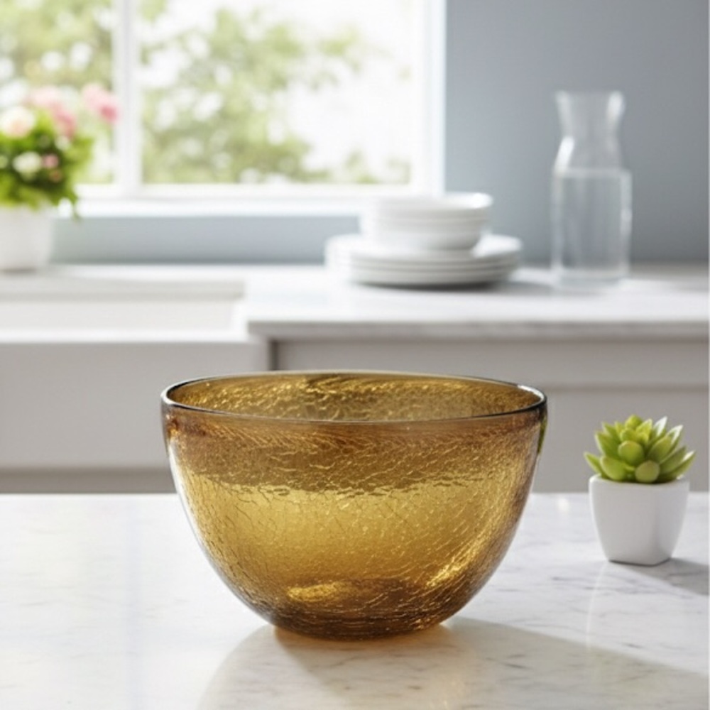 Hand Blown Large Crackle Glass Amber Bowl 9” X 6”
